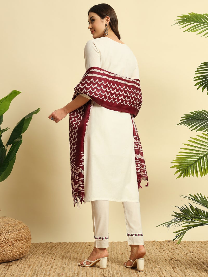 VISHVA CREATION Off-White Kurta Set with Maroon Dupatta for Women - Image 3
